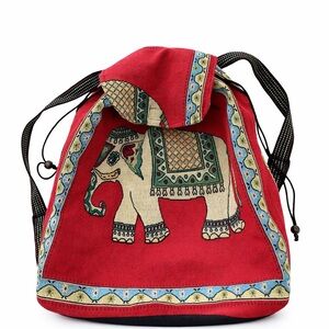 Tibetan Elephant Drawstring Backpack Large Red Multicolor Boho Festival Bag